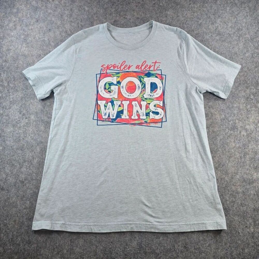 Love in Faith T-shirt Colorful "Spoiler Alert: God Wins" Light Aqua Blue Size XL